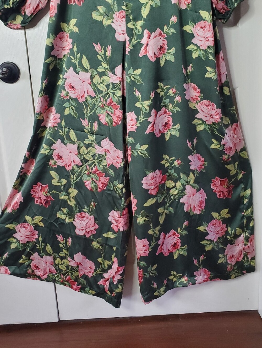 ASOS Design Curve Satin Te Jumpsuit Green Floral Wide-leg Lace-up Back Boho 18 - Picture 4 of 16